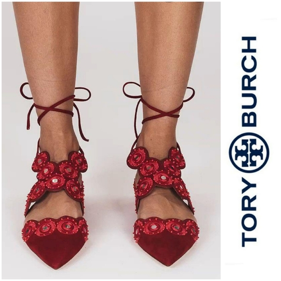 Beautiful Tory Burch Embroidered Strappy Flats - Picture 1 of 14